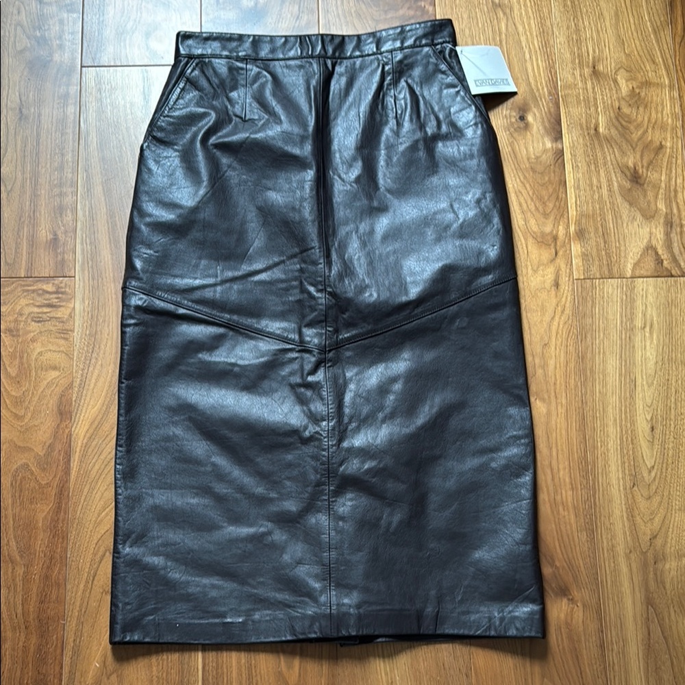 NWT Vintage Made in Korea Dark Brown Midi Genuine Leather Skirt